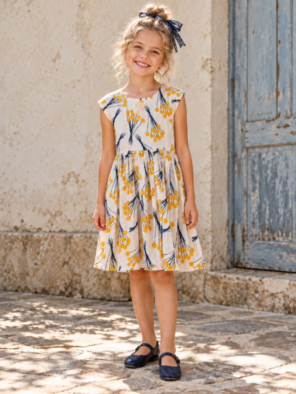 PINK CHICKEN Adaline Crinkle Dress Yellow Pom Pom